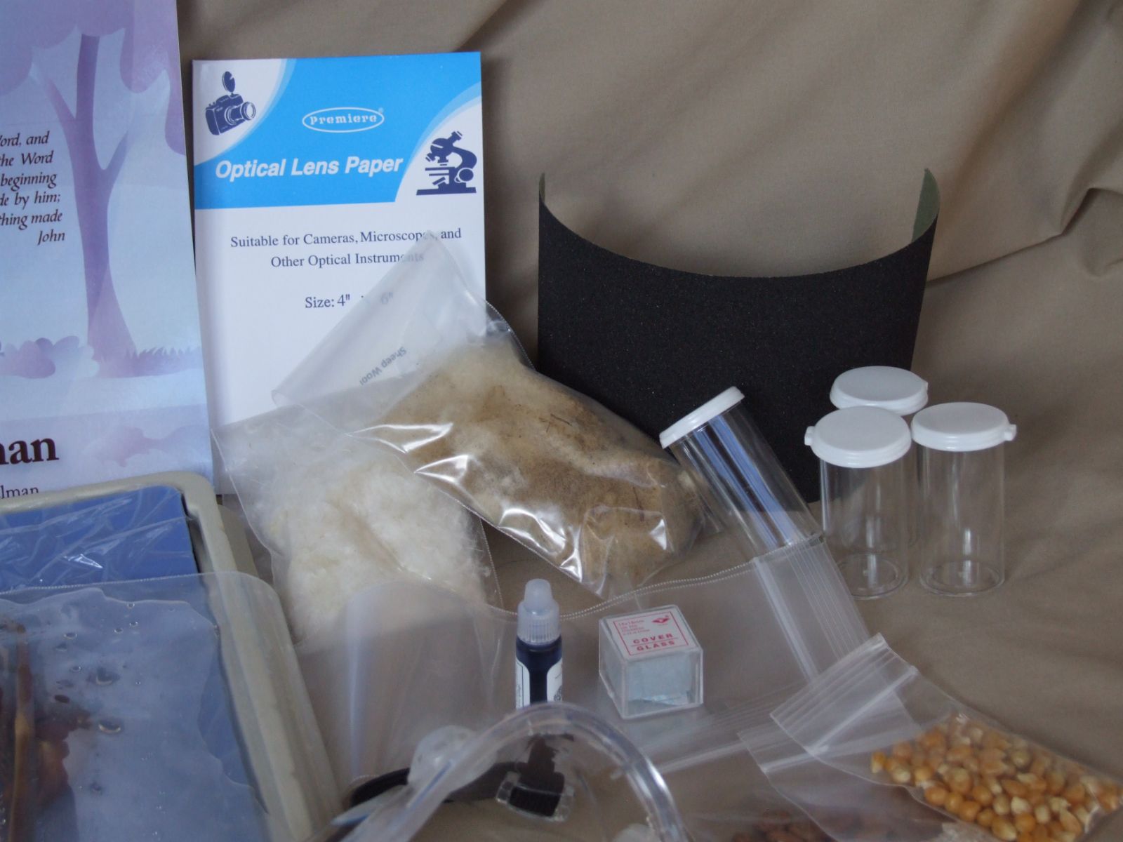 Cotton wool, specimen vials, cover glass and lens paper for the microscope labs