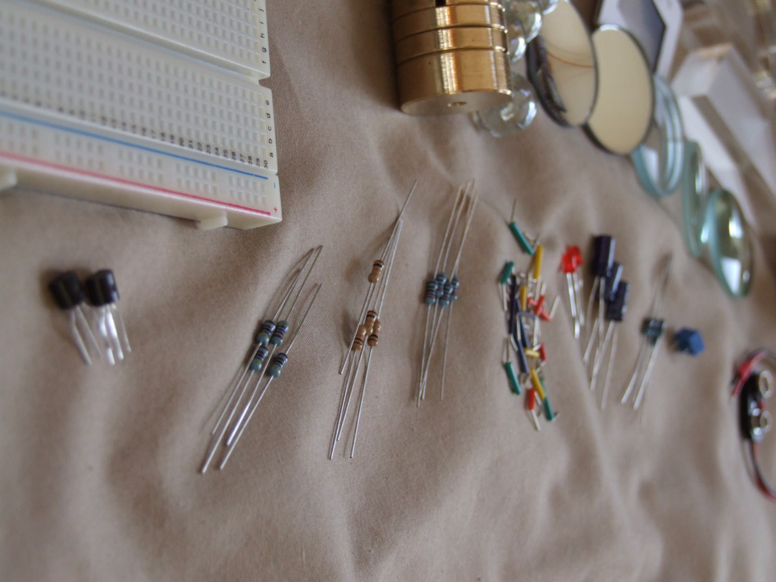 Resistors, capacitors, diodes and the breadboard from the electronics experiments